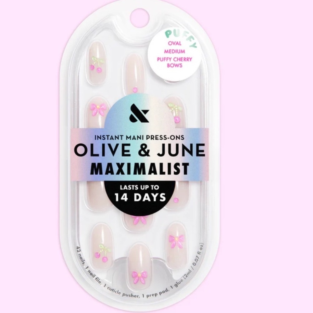 Olive & June Maximalist Press On Nails Puffy Cherry Bows Medium Oval 42ct New